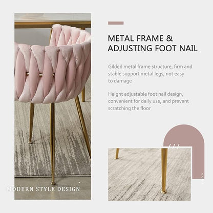 Velvet Dining Chairs Set of 6, Gold Modern Dining Chair with Metal Legs, Woven Upholstered Dining Chairs for Dining Room, Kitchen, Vanity, Living Room (Pink)