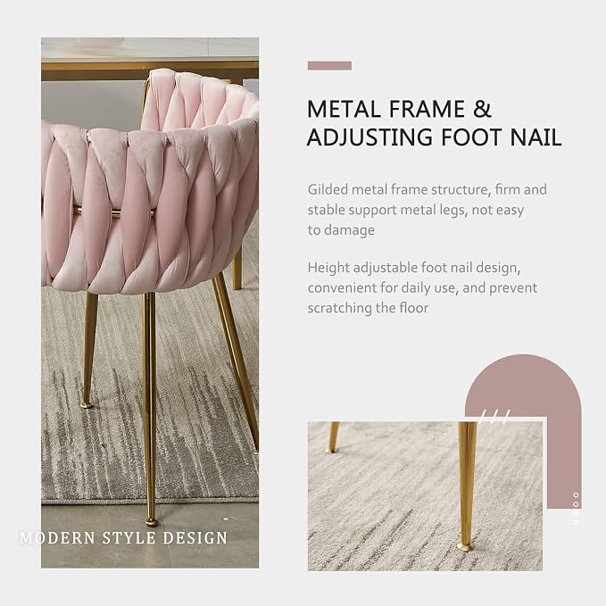 Velvet Dining Chairs Set of 2, Gold Modern Dining Chair with Metal Legs, Woven Upholstered Dining Chairs for Dining Room, Kitchen, Vanity, Living Room (Pink)