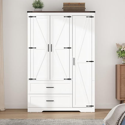Hlivelood 3 Doors Wardrobe Armoire Closet with Doors and Drawers, Farmhouse Wooden Armoire Storage Cabinet with Shelves & Hanging Rod for Bedroom, White