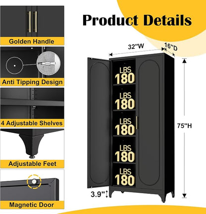 SteeLoong Kitchen Pantry Cabinet,75 Inch Black Metal Storage Cabinet with Door and Adjustable, Tall Pantry Cabinets for Kitchen Storage,Cupboard for Living Room,Dining Room and Bathroom
