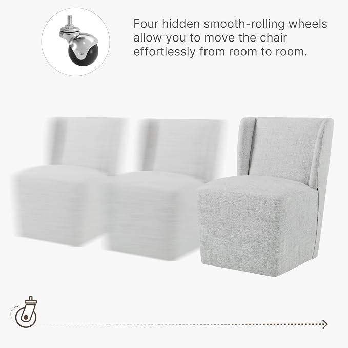KISLOT Upholstered Dining Chairs Set of 2 with Casters, Wingback Modern Side Armless Deskchair with Rollers for Diningroom Bedroom Livingroom Reading Room, Light Grey Fabric