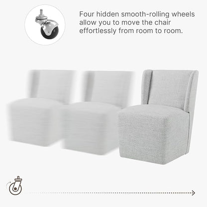 KISLOT Upholstered Dining Chairs Set of 2 with Casters, Wingback Modern Side Armless Deskchair with Rollers for Diningroom Bedroom Livingroom Reading Room, Light Grey Fabric