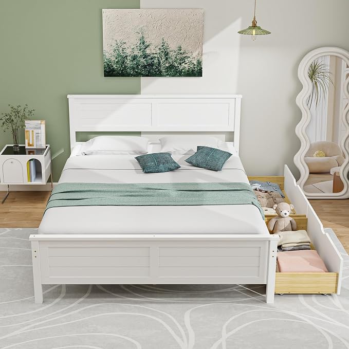 Giantex Wood Full Size Bed Frame with 2 Storage Drawers, Solid Wood Platform Bed with Headboard, Wooden Slats Mattress Foundation, No Spring Needed, Full Bed Frame for Kids, Teens, Adults, White