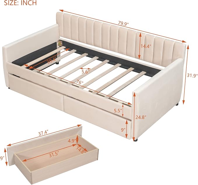 Merax Upholstered Daybed with 2 Drawers, Twin Size Bed Frame with Storage and Wood Slat Support, Beige