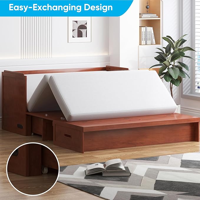 Mjkone Murphy Bed with Tri-Folding Mattress, Queen Hidden Cabinet Bed with Built-in USB Charging Station and 2 Storage Drawers, Foldable Wall Cabinet Beds for Living Room/Guest Room/Apartment, Cherry