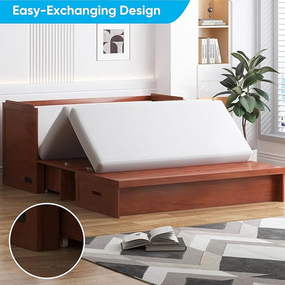 Mjkone Murphy Bed with Tri-Folding Mattress, Queen Hidden Cabinet Bed with Built-in USB Charging Station and 2 Storage Drawers, Foldable Wall Cabinet Beds for Living Room/Guest Room/Apartment, Cherry