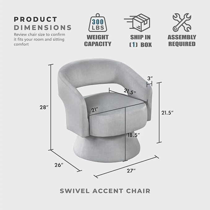 Lexicon 360 Degree Swivel Accent Chair, Modern Comfy Velvet Round Barrel Chair, Open Back, Plush Foam Cushions, Metal Swivel Base for Living Room/Bedroom/Office/Small Spaces, Gray