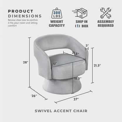 Lexicon 360 Degree Swivel Accent Chair, Modern Comfy Velvet Round Barrel Chair, Open Back, Plush Foam Cushions, Metal Swivel Base for Living Room/Bedroom/Office/Small Spaces, Gray