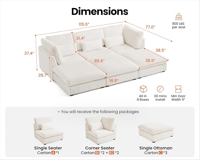 115" Oversized Corduroy Couch Modular Sectional Sofa, Washable Cloud Couch Sectional with 3 Ottoman, 6 Seater Sectional Couches for Living Room, Fully Cover Removable, Sleeper Sofa, Corduroy, White