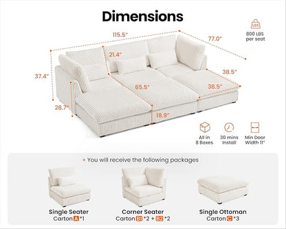 115" Oversized Corduroy Couch Modular Sectional Sofa, Washable Cloud Couch Sectional with 3 Ottoman, 6 Seater Sectional Couches for Living Room, Fully Cover Removable, Sleeper Sofa, Corduroy, White