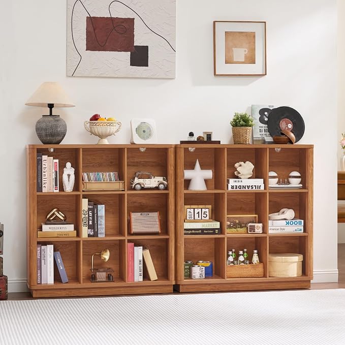 Joaxswe 9 Cube Storage Book Shelf, 40.5" Wide Organizer Bookshelf with Curved Edge, Wood Floor Standing 3-Tier Cubby Bookcase with Base, Country Rustic Display Book Case for Library, Office, Brown