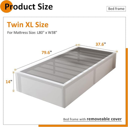 Maenizi 14 Inch XL Twin Bed Frame with White Fabric Cover, Heavy Duty Metal Twin XL Platform Bed Frame, No Box Spring Needed, Support Up to 2500 lbs, Easy Assembly, Noise Free, Black