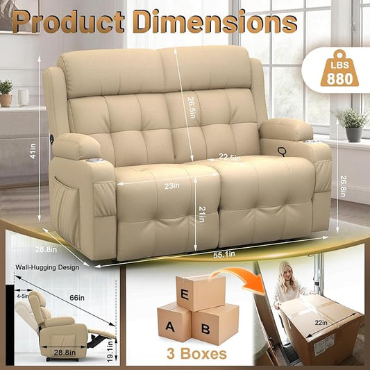 Reclining Loveseat with Pebble Texture Fabric, Loveseat Recliner with USB/Type C Ports, Storage & Cup Holders, RV Wall Hugger Recliner Sofa for Living Room & Home Theater & RV