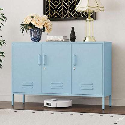 32" Blue 3 Door Lockable Metal Cabinet, Freestanding Heavy Duty Storage Locker with Adjustable Shelves for Home Office Kitchen Living Room