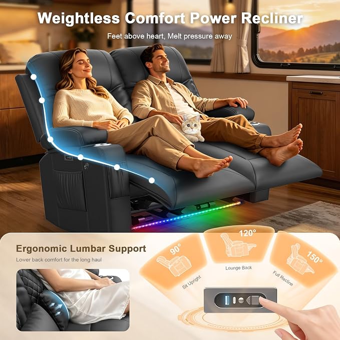 Power RV Loveseat Recliner Sofa, Reclining Loveseat Home Theater Seating with USB Ports, Cup Holders, Wall Hugger Recliners for Movie Room, Recline Movie Seats Gaming Sofa, Black