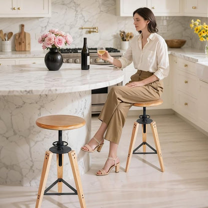 2-Piece Adjustable Height Swivel Bar Stool - Industrial Rustic Style, Solid Oak Wood Seat and Frame, 24.8"-28.7", Natural Finish, Anti-Slip Pads - Perfect for Kitchen, Bar, Counter, Home - Heavy Duty