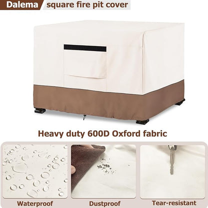 Fire Pit Cover,Outdoor Heavy Duty 600D 100% Waterproof Fire Pit Cover Square,Weatherproof Firepit Covers Square 30" W x 30" D x 25" H,Beige & Brown