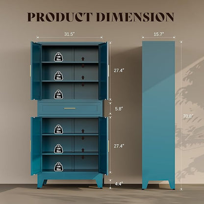 71"H Metal Kitchen Pantry Cabinet with Drawers,Blue Kitchen Storage Cabinets with Doors,Farmhouse Pantry Food Storage Cabinets,Tall Pantry Cabinets,Large Freestanding Cabinets for Dining Room