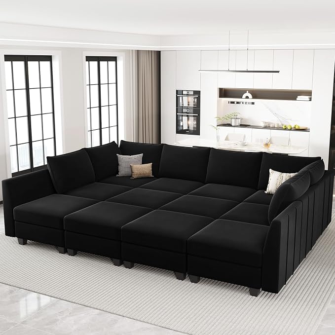 Belffin Oversized Modular Sectional Couch Sleeper Sofa with Storage Velvet Sectional Sofa Bed for Living Room, 12 Seats, Black