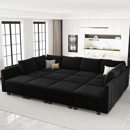 Belffin Oversized Modular Sectional Couch Sleeper Sofa with Storage Velvet Sectional Sofa Bed for Living Room, 12 Seats, Black