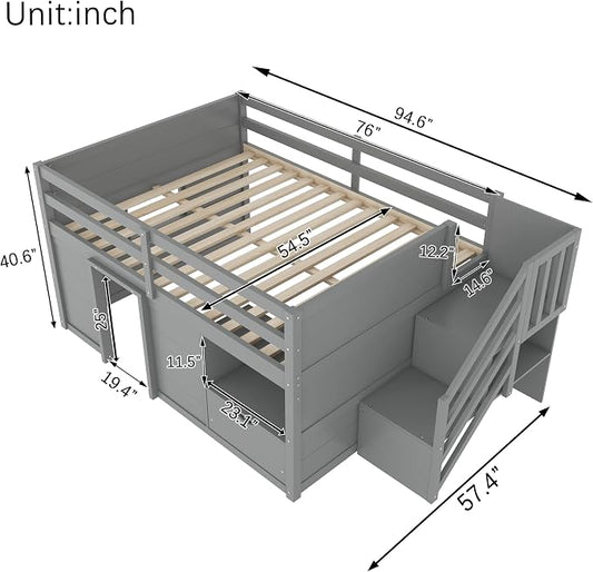 Bellemave Full Size Low loft Bed for Kids,Wood Loft Beds,Modern Farmhouse Full loft Bed,Loft Bed with Desk and Storage, No Box Spring Needed,for Kids, Gray