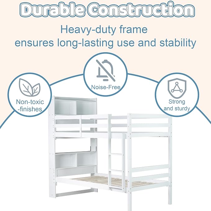 Twin Over Twin Bunk Bed with Storage Bookcase Headboard for Kids Boys Girls Teens, Rubber Wood Bunk Beds Frame with Storage Shelves, Can Be Separated into 2 Platform Beds, White