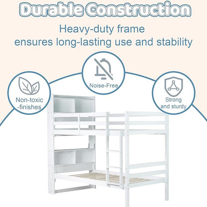 Twin Over Twin Bunk Bed with Storage Bookcase Headboard for Kids Boys Girls Teens, Rubber Wood Bunk Beds Frame with Storage Shelves, Can Be Separated into 2 Platform Beds, White