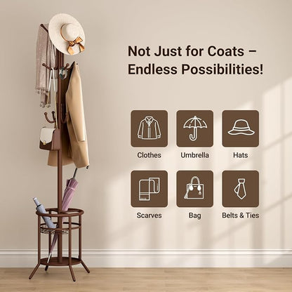 ELYKEN Coat Rack Freestanding, Metal Coat Rack with Umbrella Holder | 12 Hooks, Round Base, Heavy Duty Floor Standing Coat Tree for Entryway, Hallway, Living Room, Bedroom, Office, Brown