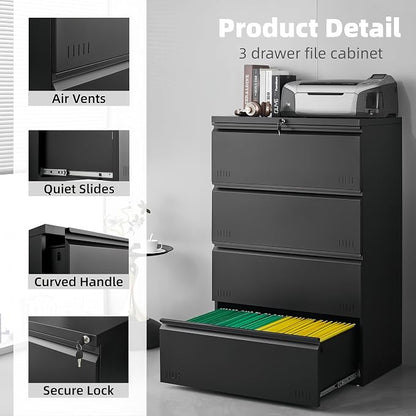 Approgreent Lateral 4 Drawer File Cabient with Lock, Metal Filing Cabinets for Home Office, Heavty Duty Office Storage Cabinet for A4/Letter/Legal (Matte Black)
