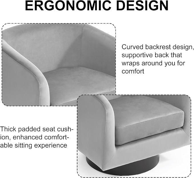 Swivel Barrel Accent Chair, Modern Round Chenille Fabric Arm Chair for Living Room, Bedroom, Comfy Club Reading Chairs for Adults（Velvet Grey, Set of 1