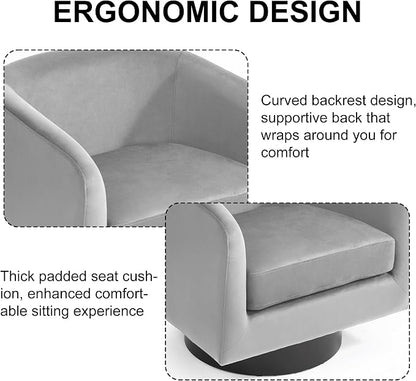 Swivel Barrel Accent Chair, Modern Round Chenille Fabric Arm Chair for Living Room, Bedroom, Comfy Club Reading Chairs for Adults（Velvet Grey, Set of 1