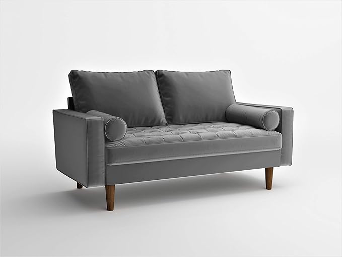 Container Furniture Direct Womble 58 Inch Velvet Loveseat Sofa with Elegant Button Tufted Upholstery, Square Arms, Splayed Wood Legs, Includes Matching Bolster Pillows, Silverish Grey