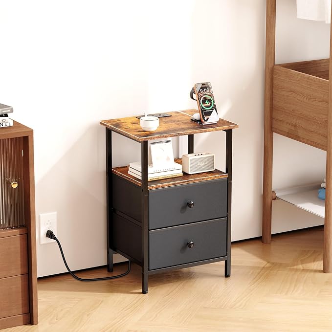 Nightstand with Charging Station, Bedside End Table with 2 Fabric Drawers for Bedroom, Side Table with USB Ports and Outlets (Brown Black)