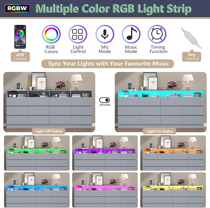 Gyfimoie 6-Drawer Dresser with Divided Compartments, Charging Station & LED Lights, 63" Wide TV Stand for TVs up to 75", Large Organizer with 4 Open Cubbies, Light Grey (Light Grey, 6 Drawers)
