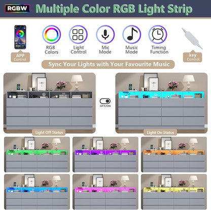 Gyfimoie 6-Drawer Dresser with Divided Compartments, Charging Station & LED Lights, 63" Wide TV Stand for TVs up to 75", Large Organizer with 4 Open Cubbies, Light Grey (Light Grey, 6 Drawers)