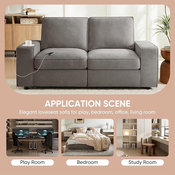 Waxberry 71" Chenille Loveseat Sofa Couch for Living Room with Seat Storage, Modern 2-Seater Deep Seat Sofa with Side Pockets & Type-C/USB Ports, Detachable Backrest for Office, Apartment (Grey)