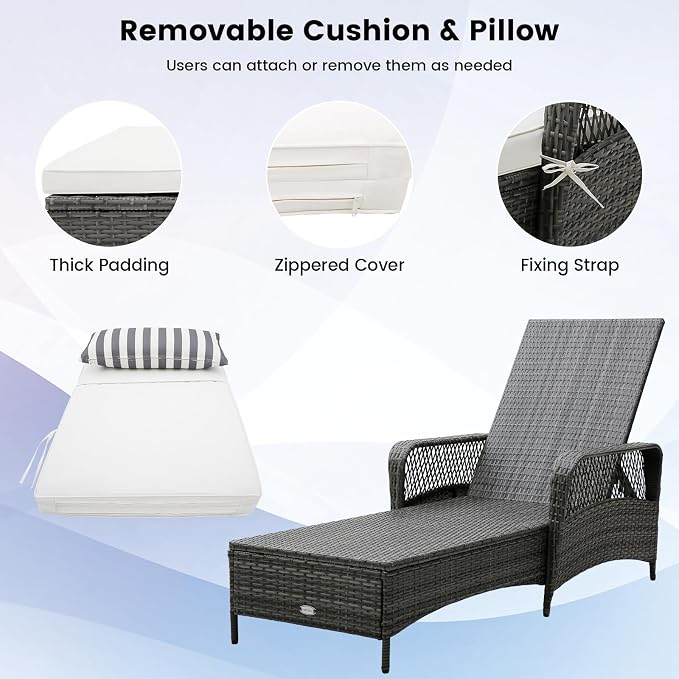 COSTWAY PE Rattan Chaise Lounge Chair, 6 Gear Adjustable Recliner with Armrest & Pillow, Wicker Outdoor Furniture for Deck, Patio (2, Gray)