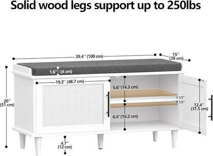 Akxomel Rattan Shoe Storage Bench with Cushion, 2-Tier Entryway Bench with Adjustable Shelves and 2 Doors, 15" D x 39.4" W x 20" H, Solid Wood Legs, for Hallway, Living Room, Bedroom, White