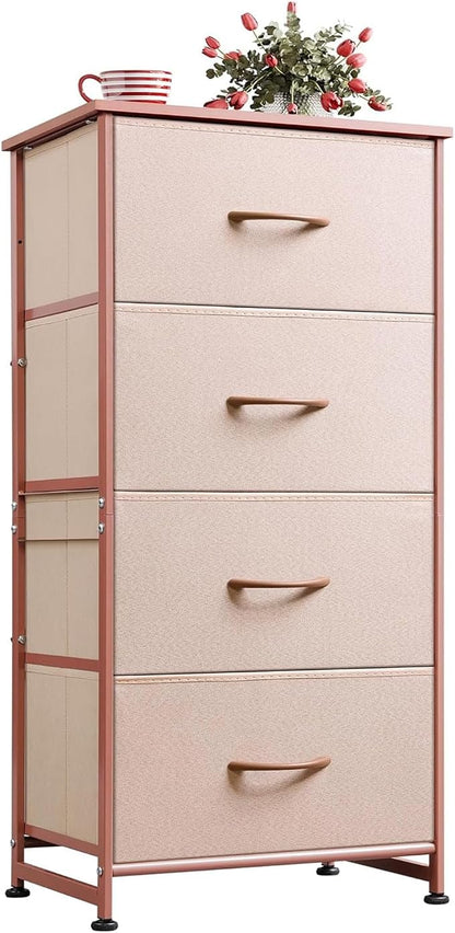 WLIVE 4 Drawers Dresser for Bedroom, Pink Rose Gold Fabric Clothes Storage Organizer Unit, Dresser for Hallway, Entryway, Closets, Sturdy Steel Frame, Wood Top