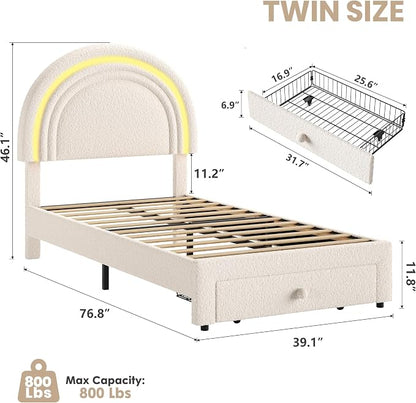 GarveeHome Twin Upholstered LED Bed Frame - with Storage Drawer and Rainbow Headboard, Berber Fleece Princess Platform Bed for Kids, Solid Wood Slat Support, No Box Spring Needed, Easy Assembly, Beige