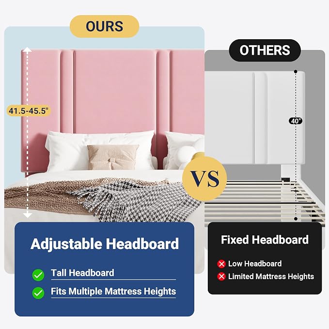 Allewie Queen Platform Bed Frame with Adjustable Headboard, Plush Velvet Upholstered, Vertical Channel Tufted, Sturdy Wooden Slats, No Box Spring Needed, Easy Assembly, Pink
