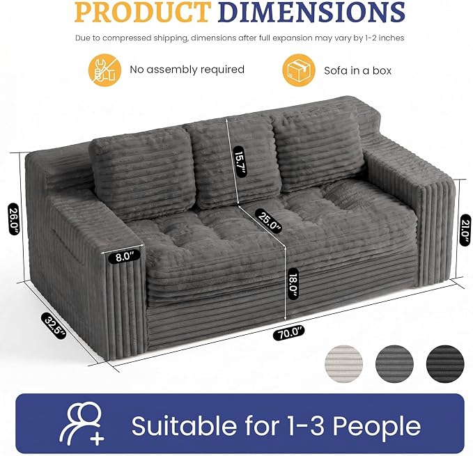 Boneless Couch, Cloud Loveseat Sofa Corduroy Couch in a Box, Upholstered Boneless 3 Seater Couch for Living Room Bedroom Office Apartment, No Assembly Required, Grey