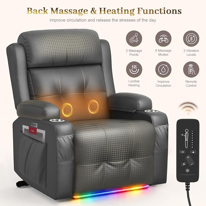 Extra Wide Seat Recliner Chair with Heat and Back Massage, Electric Power Oversized Reclining Chair Infinite Position with Storage Armrests & 2 Cup Holders for Living Room, Manual Recliners