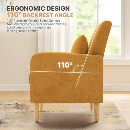 Magshion Accent Chair for Living Room, Comfy Mid-Century Reading Chair for Bedroom, Upholstered Linen Fabric Armchair Single Sofa with Back Pillow & Wood Legs, 300 lbs Capacity, Yellow