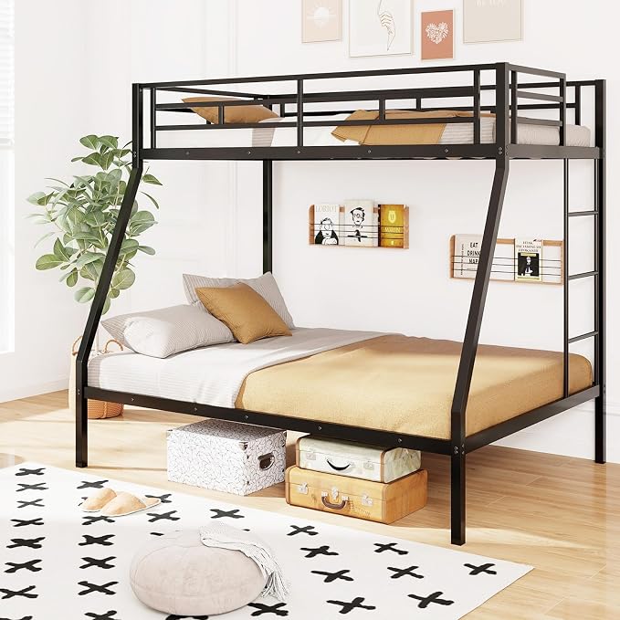 DORTALA Twin Over Full Bunk Bed, Metal Bunk Bed Frame w/Ladder, Safety Rail & Steel Slats, Space-Saving Bunk Beds for Kids Teens Adults, Noise Free for Dorm Bedroom, No Box Spring Needed, Black