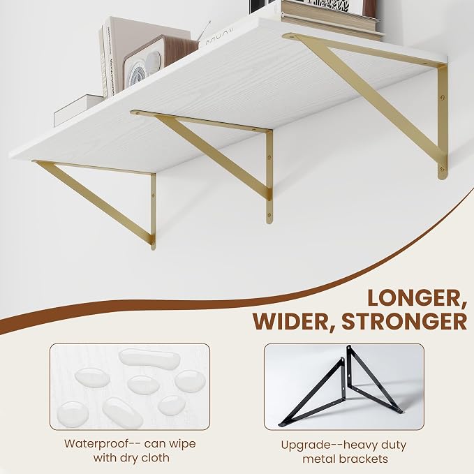 Heimlove Deep Floating Shelves for Wall, 36W x 12D Wood Wall Shelves Set of 2, Wide Floating Bookshelf for Living Room, Kitchen, Office, Bedroom and Decor Storage, with Golden Bracket - White & Gold