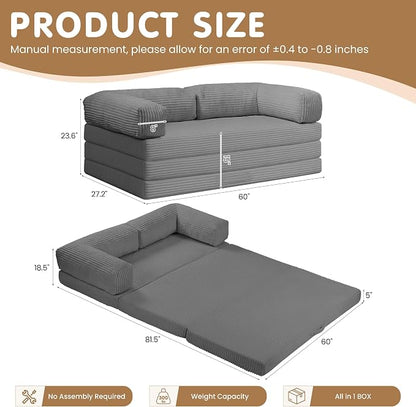 Convertible Sofa Bed,5-in-1 Tri-Fold Boneless Couch with Removable Armrests & Handle,Corduroy Futon Sleeper Sofa,Floor Folding Mattress Pull Out Bed for Small Space Apartment Living Room Bedroom