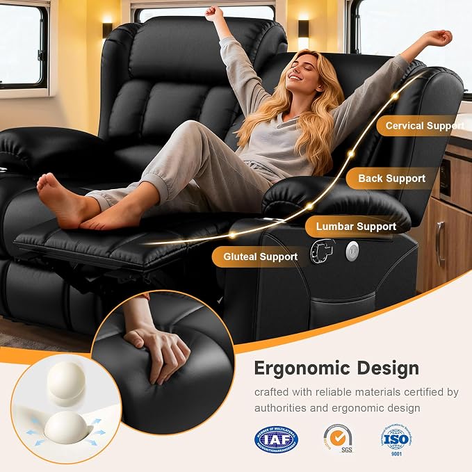 RV Loveseat Recliner Sofa, Wall Hugger Reclining Loveseat RV Couch with USB Ports, Large Pockets, Cup Holders, 150° Adjustable RV Recliners Furniture for Travel Trailers & Home Theater Seating