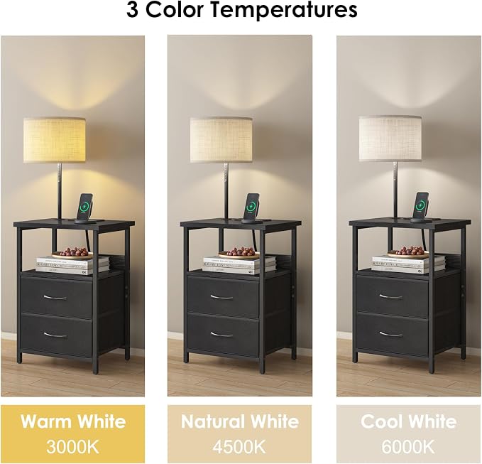Fixwal Bedside Table with 3 Color Temperature Reading Light, Nightstand with LED Light & Charging Station End Table with Adjustable Fabric Drawer for Bedroom, Dorm, Black