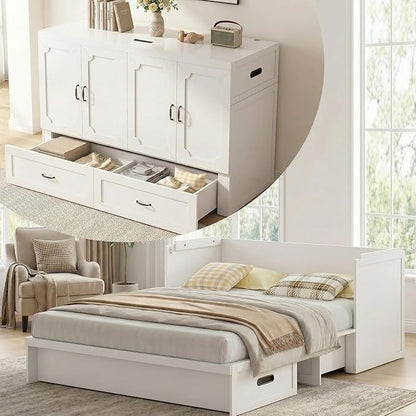 Mjkone Queen Murphy Bed with Mattress Include, Murphy Cabinet Bed with USB Charging Station, Hidden Cube Cabinet Beds with Large Storage Drawer for Bedroom Guest Room Home Office, White